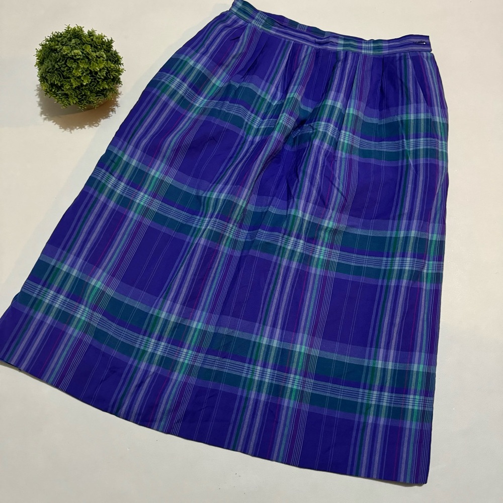 Miss Zoe Delton Vintage Wool Purple Teal Plaid Tartan Midi Skirt‎ Women’s Medium